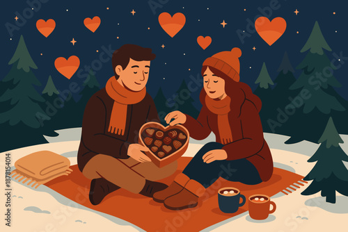 Snowy night chocolate illustration bliss blankets pine nearby sitting sky romantic vector