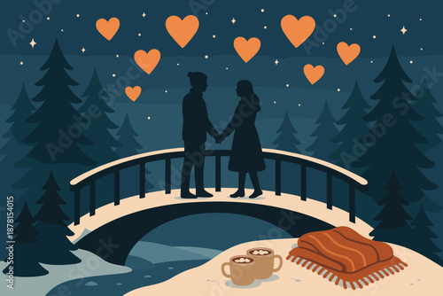 Silhouetted bridge blankets floating hands vector sky evening illustration winter cozy night