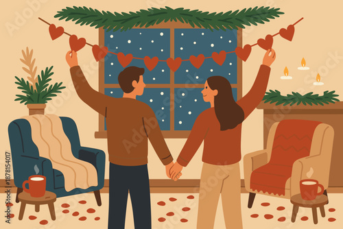 Interior romance vector falling winter warm pine hands couple illustration cozy mugs