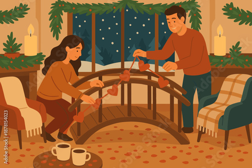 Scattered vector retreat window decorating illustration rose cocoa inside scene romantic winter