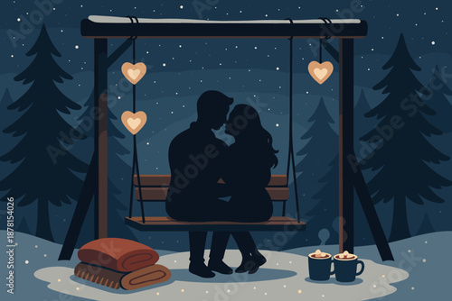Romantic wooden night blankets illustration nearby winter cocoa vector softly cozy romance