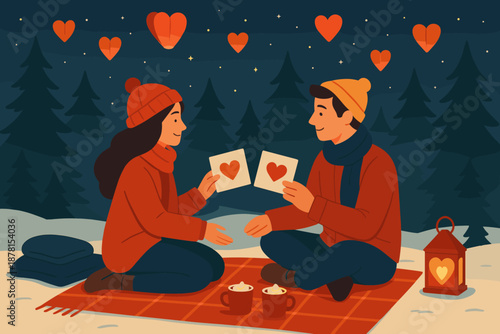 Starry sky illustration evening lanterns blanket warm romantic above vector exchanging winter