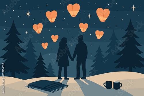 Outdoors night romance hands illustration vector winter mugs sky lanterns holding trees