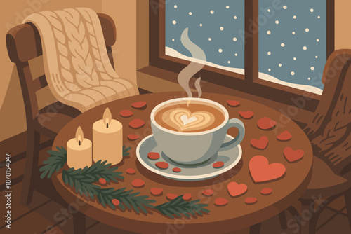 Latte table chairs cozy falling caf foam romantic surrounded illustration vector candles