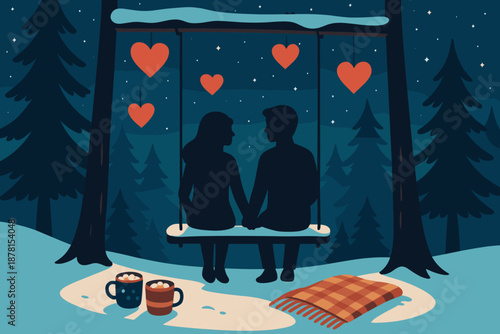 Lanterns night scene pine winter love vector cozy blankets swing hands illustration