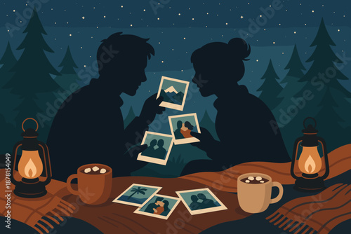 Winter illustration cozy reviewing sky glowing vector memory around pine printed couple