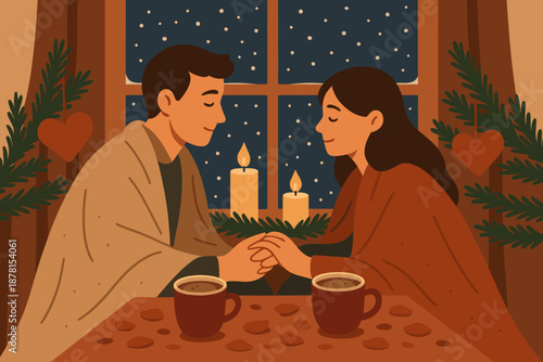 Couple petals vector winter softly sitting romance table illustration rose indoors romantic