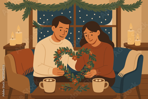 Snow decorating festive romance illustration chairs warm interior softly table cozy vector