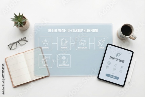 Comprehensive retirement to startup blueprint illustrating strategic visioning planning mentorship and launch processes for aspiring entrepreneurs seeking professional guidance and innovation