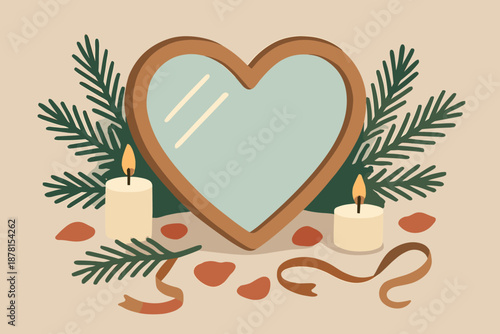 Cozy vector flat petals ribbons heart candles minimalist abstract illustration mirror serenity