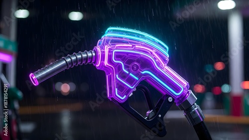 Futuristic Gas Pump Nozzle with Purple and Blue Neon Glowing Lights at Night in the Rain