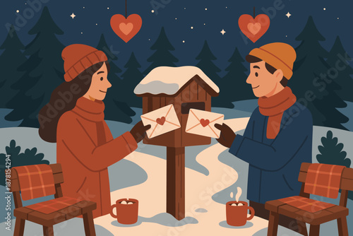 Pine mugs path romantic illustration vector mailbox winter nearby trees couple
