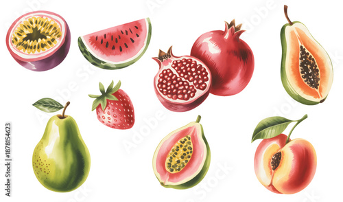 Hand painted watercolor fruits arranged on clean white background. Watercolor pear, apple, peach, watermelon, grapes, plum, lemon set.