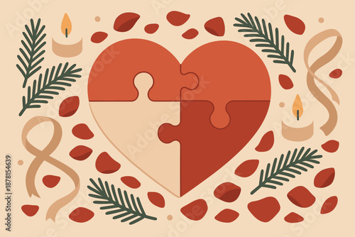 Pieces winter branches composition vector puzzle flat pine candles heart serenity illustration