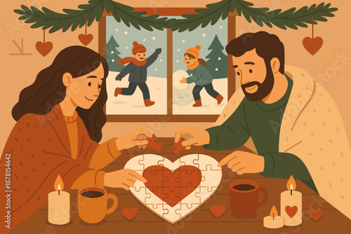 Them cozy pine illustration couple candles interior vector scene winter indoors nearby