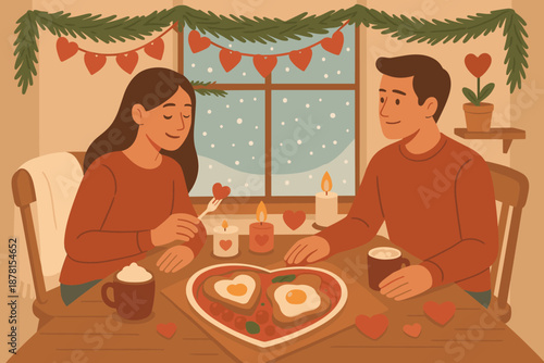 Cozy valentine scene cocoa warm living softly breakfast room decorating vector illustration