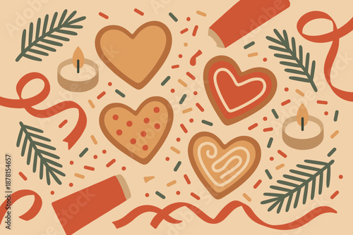 Flat icing minimalist candles sprinkles romantic illustration cookies vector winter cozy