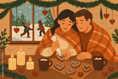Scene pine mugs candles couple romantic table illustration visible snow cookie vector