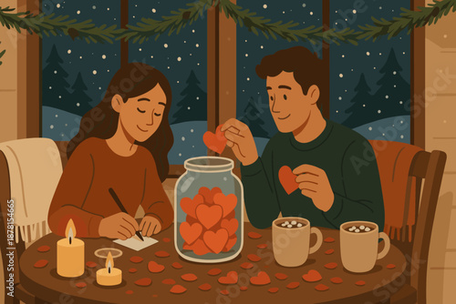 Falling romance into illustration winter placing jar warm notes rose vector cozy