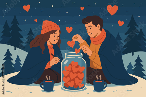 Surrounding placing illustration jar above romantic blankets winter writing vector hill