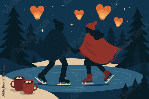 Night frozen trees skating around outdoors pond vector wrapped scene romantic illustration