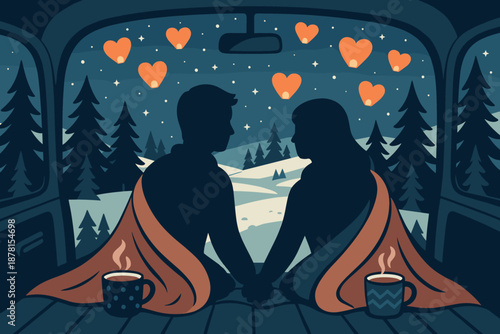 Vector illustration romantic inside winter road hands out draped cocoa night snowy