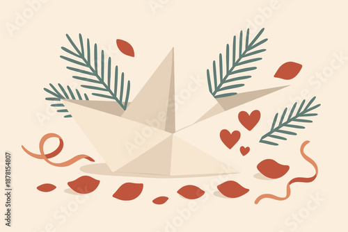 Composition rose romantic flat boat ribbons petals branches illustration folded vector paper