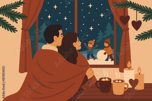 Decorating illustration gazes cozy stargazing winter decorations garlands interior cocoa blankets indoors