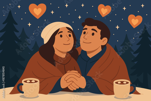 Blankets them lanterns romance illustration vector starry surrounding trees mugs scene winter