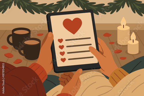 Nearby winter romance displayed illustration pine romantic vector scattered around garlands cocoa