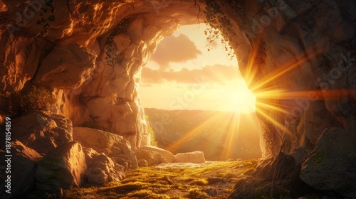 A dramatic empty tomb Easter background with sunrise light streaming through an open stone door, symbolizing resurrection and hope. Perfect for church posters, worship slides Easter greeting design