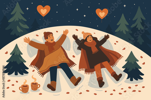 Snow vector their illustration angels rose warm scene above romantic pine to