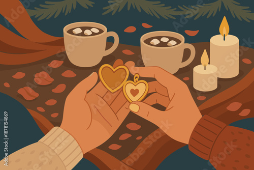 Romance around interior cozy rose vector winter them open softly illustration mugs