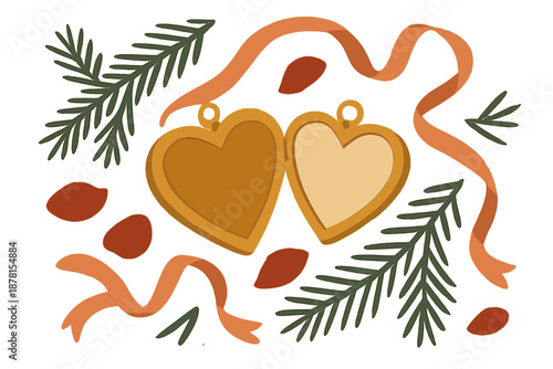 Locket branches ribbons romantic composition illustration winter scene abstract vector rose