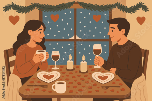 Winter across falling illustration table vector softly wine romantic dinner plates sitting