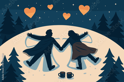 Them vector night nearby winter snow cocoa angel illustration blankets draped angels