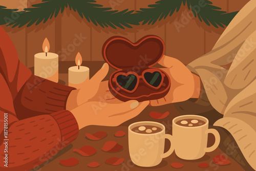 Winter cozy romantic romance rose sunglasses vector garlands softly illustration holding interior