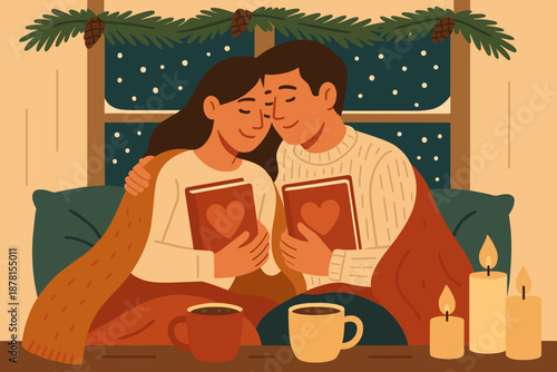 Couple illustration winter exchanging glowing cozy romantic handing draped vector book outside