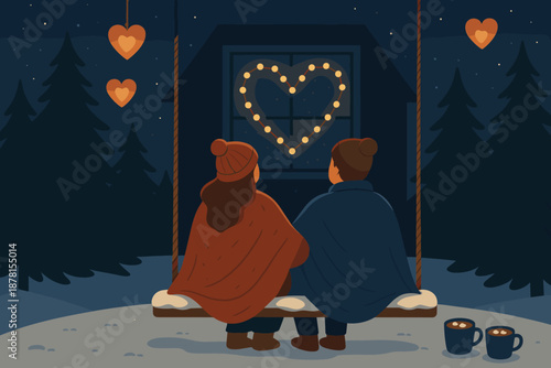 Illustration gazing lights floating vector draped over cozy romance winter nearby romantic