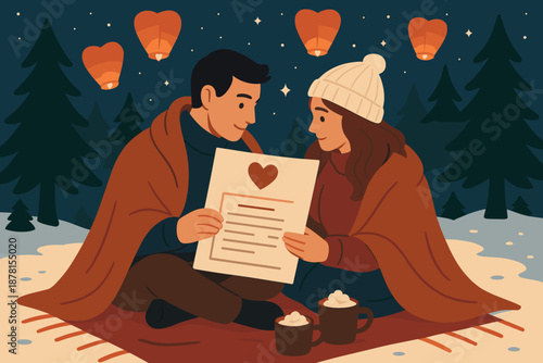 Nearby couple scene pine blanket menu romantic winter picnic draped looking vector