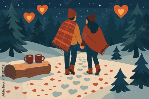 Illustration footprints leaving vector rose winter over romantic shoulders snow warm scene