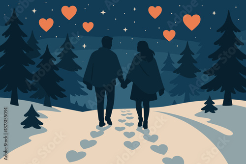 Winter walking hand path romantic above illustration vector love footprints cozy couple