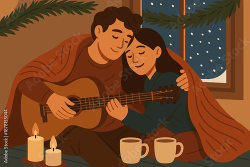 Cozy illustration interior romance vector softly candles warm cocoa mugs couple playing