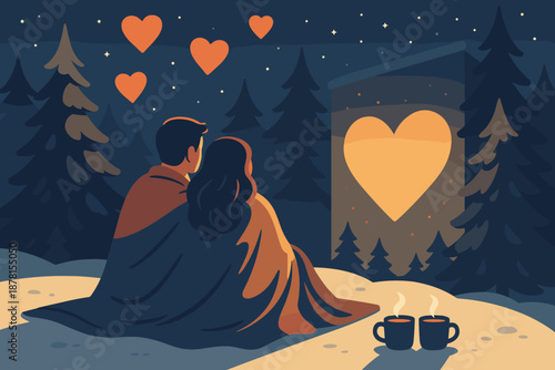 Romance scene night cozy sky winter outdoors blankets vector cocoa gazing illustration