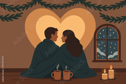 Illustration winter sitting candles outside vector snow nearby cocoa romance softly cozy