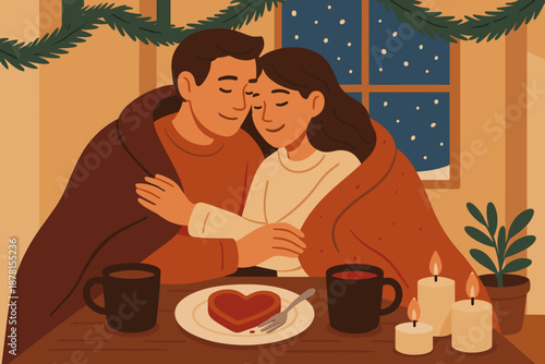 Nearby hug softly illustration winter vector dessert romance cozy interior couple scene