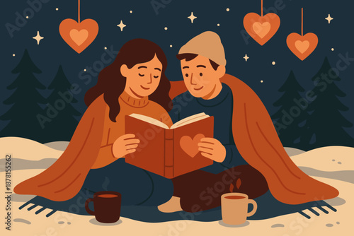 Cozy reading sitting starry illustration draped winter romantic pine blanket vector sky