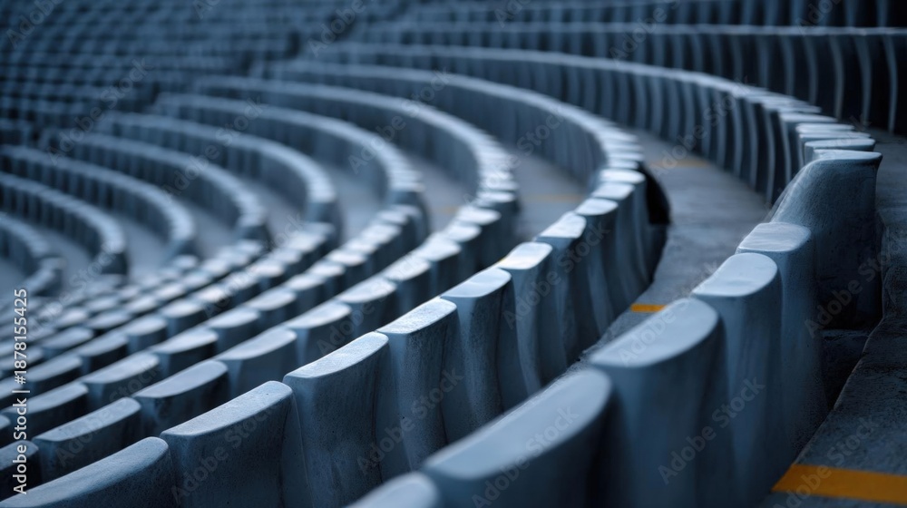 Fototapeta premium Close-up of a row of empty seats in an empty stadium. the seats are arranged in a curved pattern, with each seat facing towards the right side of the image.