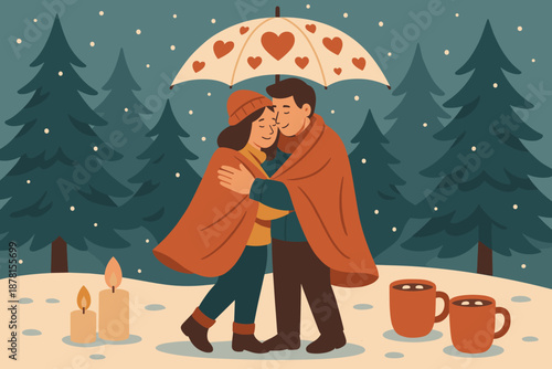 Glowing draped umbrella cozy romance nearby under trees romantic illustration winter vector