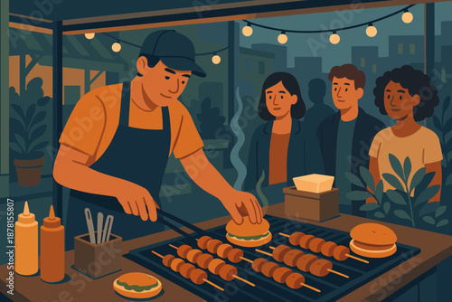 Illustration nearby delights sandwiches string vendor preparing food street backdrop crowd small